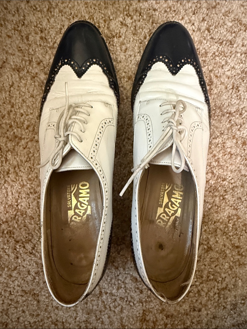 Salvatore Ferragamo Two-Tone Black and White Wingtip Oxfords